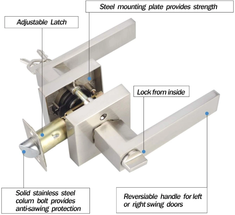 Heavy Duty Square Privacy Cylindrical Tubular Handle Lever Lock Door Hardware for Bedroom Bathroom